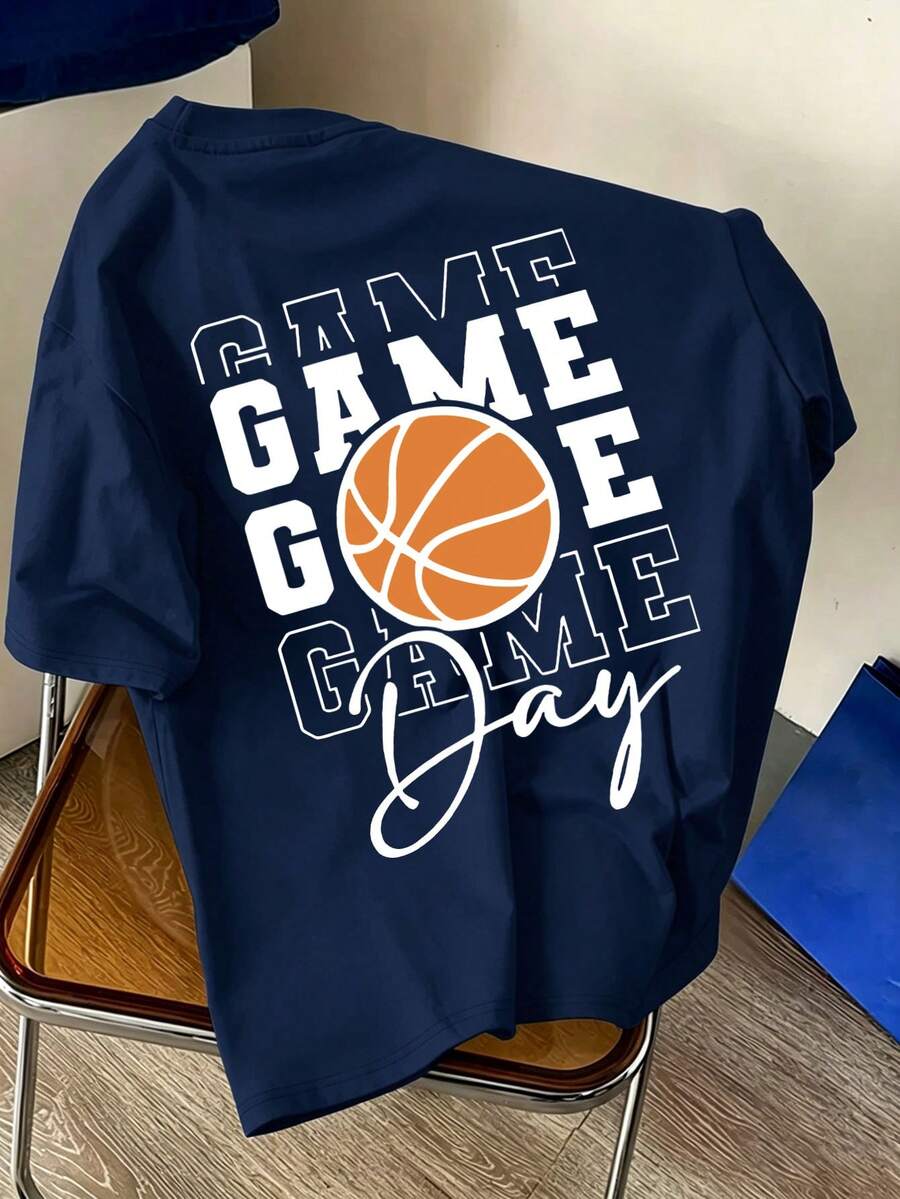 Teens/Boys' Casual Basketball Graphic Letter Print Round Neck Short Sleeve T-Shirt, Fashionable Summer New Kids Tee - Navy Blue - View 1