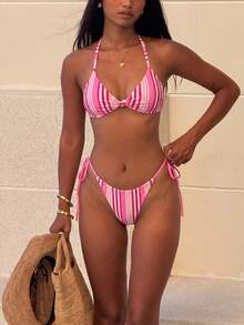 Bộ bikini kẻ sọc dành cho nữ, thiết kế thắt nút ở phần ngực, quần bơi buộc dây bên hông, chất liệu co giãn cao, thích hợp cho kỳ nghỉ hè, đi biển và các hoạt động nghỉ lễ. - Nhiều màu - Xem 2