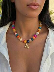 1pc Dopamine Colorful Acrylic Resin Heart & 26 English Letter Beaded Necklace, Bohemian Style Beach Holiday Fashion Necklace For Women, Gift Choice (Bead Color Random), Y2K Aesthetic - Color - View 1