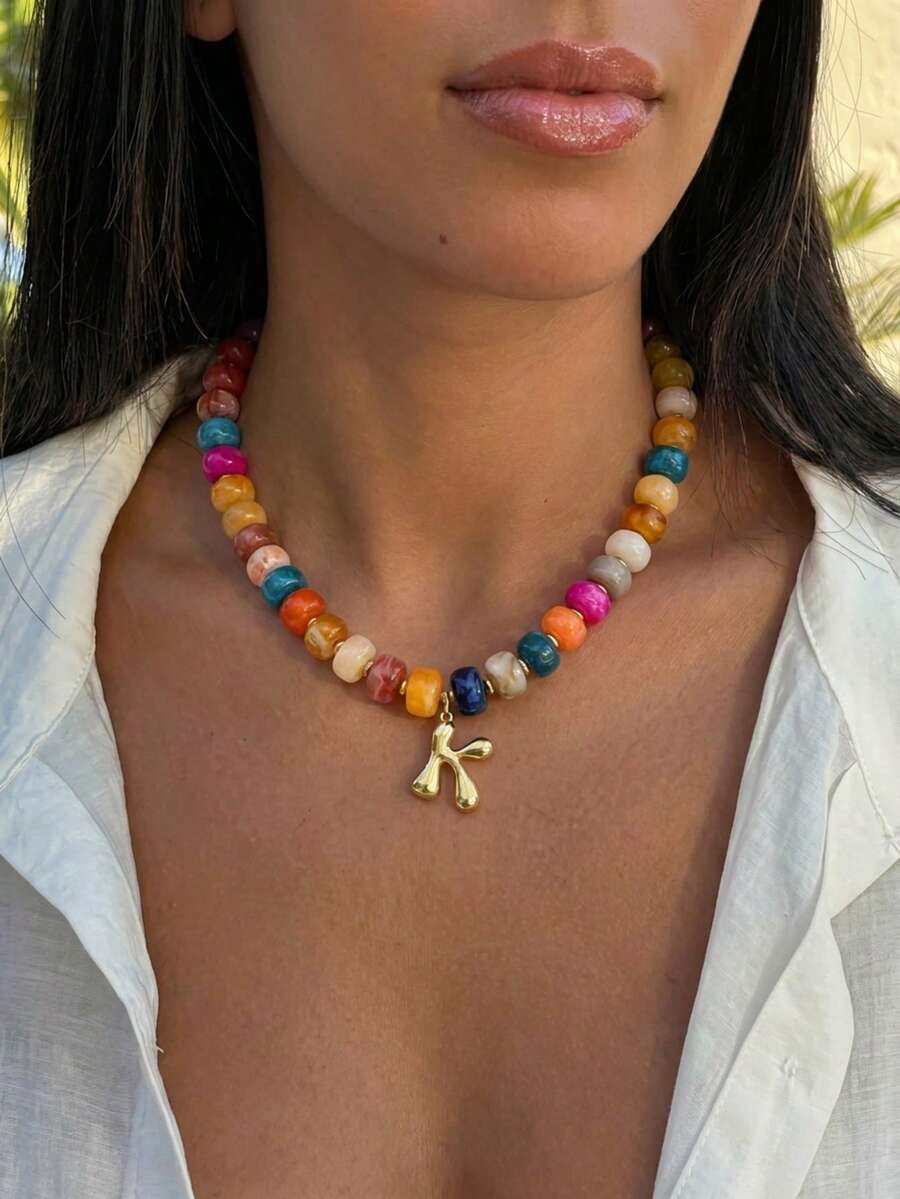 1pc Dopamine Colorful Acrylic Resin Heart & 26 English Letter Beaded Necklace, Bohemian Style Beach Holiday Fashion Necklace For Women, Gift Choice (Bead Color Random), Y2K Aesthetic - Color - View 1