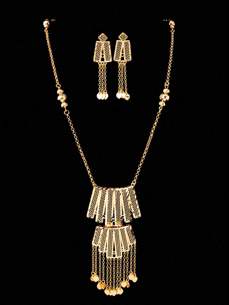 3pcs Copper Plated 18K Champagne Gold Middle Eastern Style Luxury Elegant Tassel Hollow Y-Shaped Long Necklace & Earrings Jewelry Set, Eye-Catching Necklace & Earrings For Festival, Party, Dubai Bride, Wedding, Daily Casual, Vacation, Blessing Gift Jewelry Set - Champagne - View 1