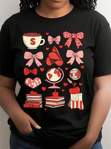 Camisetas de moda de las mujeres de 2026, camiseta suave negra con iconos lindos Diseño impreso, Tela elástica de cuello redondo casual, Toda la temporada Top de moda, Traje de moda, Tee gráfica de las mujeres del estado, Tee de ajuste cómodo Ideal para el uso casual de primavera y verano - Negro - Ver 2