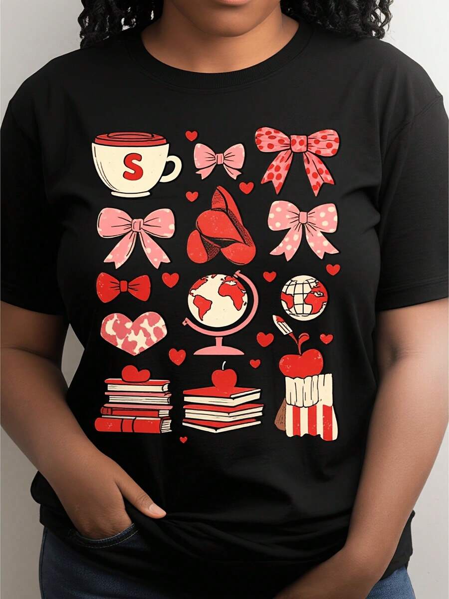 Camisetas de moda de las mujeres de 2026, camiseta suave negra con iconos lindos Diseño impreso, Tela elástica de cuello redondo casual, Toda la temporada Top de moda, Traje de moda, Tee gráfica de las mujeres del estado, Tee de ajuste cómodo Ideal para el uso casual de primavera y verano