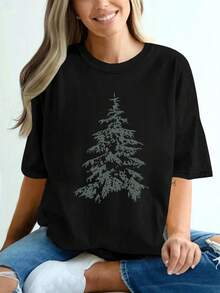 Una camiseta de manga corta con un estampado de moda de ramas de pino, hecha de puro suave y cómodo. Esta pieza versátil es ideal para el uso casual de las mujeres, los viajes diarios y al aire libre - Negro - Ver 2