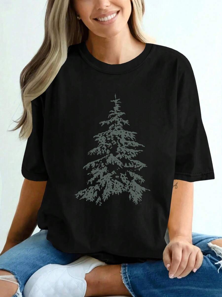 Una camiseta de manga corta con un estampado de moda de ramas de pino, hecha de puro suave y cómodo. Esta pieza versátil es ideal para el uso casual de las mujeres, los viajes diarios y al aire libre