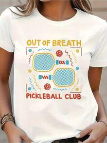 Wo's Pickleball Graphic T-Shirt | Out Of Breath Slogan And Paddle Print - Lightweight Breathable Blend, Loose Crew Neck Short Sleeve T-Shirt With Colorful Design - All-Season Casual Top For Pickleball Lovers, Durable Machine Washable T-Shirt - 白色 - 查看 1