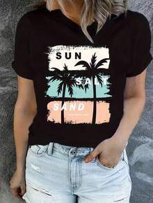 Women's Summer Beach T-Shirt, Coconut Tree and Palm Pattern Print, Short Sleeve Round Neck, Polyester Fabric, Medium Elasticity, Spring Summer Casual Top, Youthful Style - Negro - Ver 2
