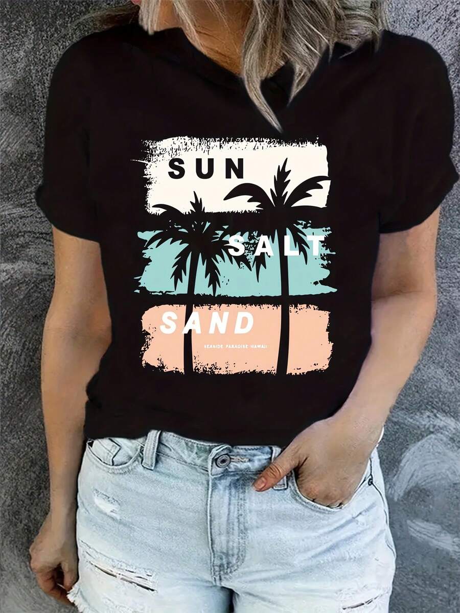 Women's Summer Beach T-Shirt, Coconut Tree and Palm Pattern Print, Short Sleeve Round Neck, Polyester Fabric, Medium Elasticity, Spring Summer Casual Top, Youthful Style