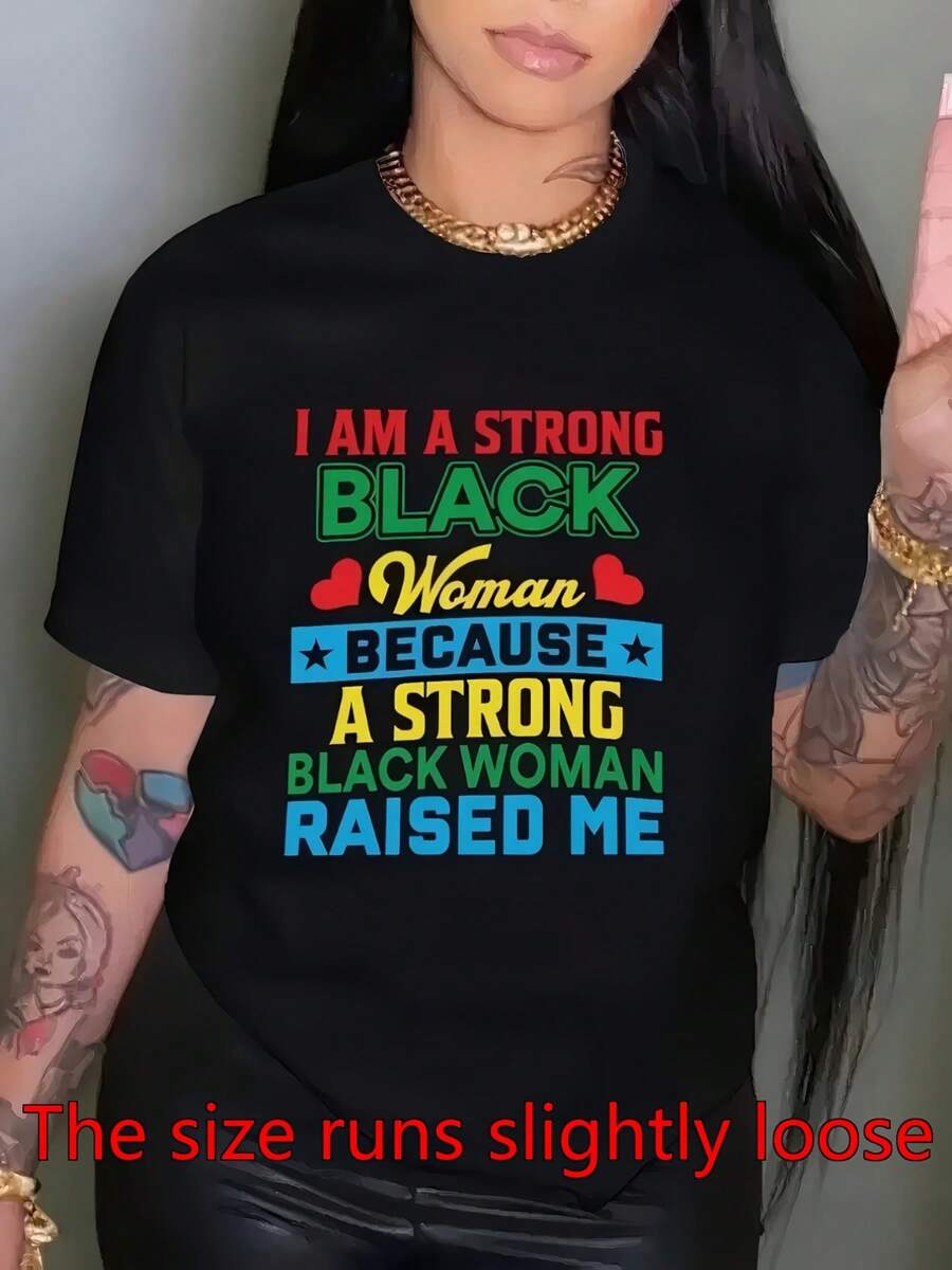 Camiseta negra "soy una fuerte" de las mujeres - eslogan de empoderamiento con diseño de corazón y estrella, traje de celebración del dieciocho de junio, camiseta de manga corta con cuello de tripulación casual para traje casual, ropa de orgullo durante todo el año y cultural