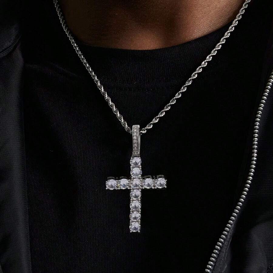 1pc European & American Cross Titanium Steel Necklace, Minimalist Elegant Unisex Hip-Hop Sweater Chain - Silver - View 1