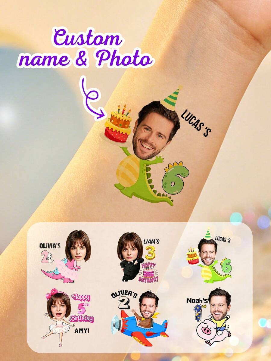 Personalized Photo Temporary Tattoo Stickers, Graduation Cartoon Portrait Design, Fun Body Decoration For Graduation Party Celebration, Customizable Name Tattoo Stickers Unique Keepsake Gift, Customizable Photo Graduation Season Gift For Friends, Classmates And Family - Multicolor - View 1