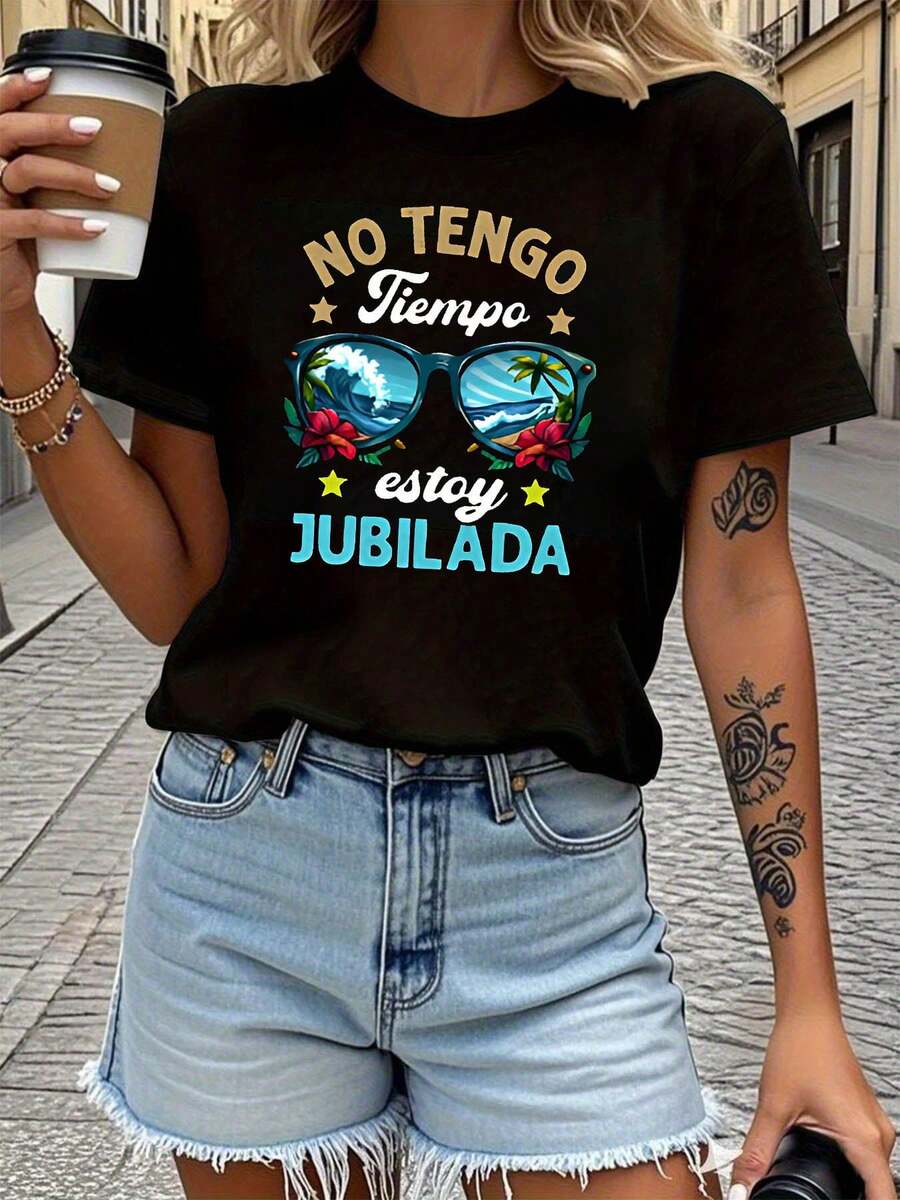Women's Short-Sleeved Crew Neck T-Shirt Printed "I Don't Have Time, I'm Retiring" For Casual Outings, Holiday Gifts, And Outfits For Gatherings With Friends - 黑色 - 查看 1