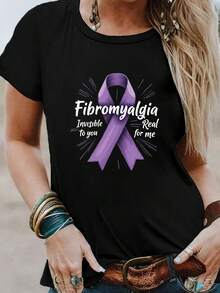 Fibromialgia conciencia cinta impresión camiseta, manga corta cuello tripulación top casual para verano y primavera, ropa de mujer - Negro - Ver 2