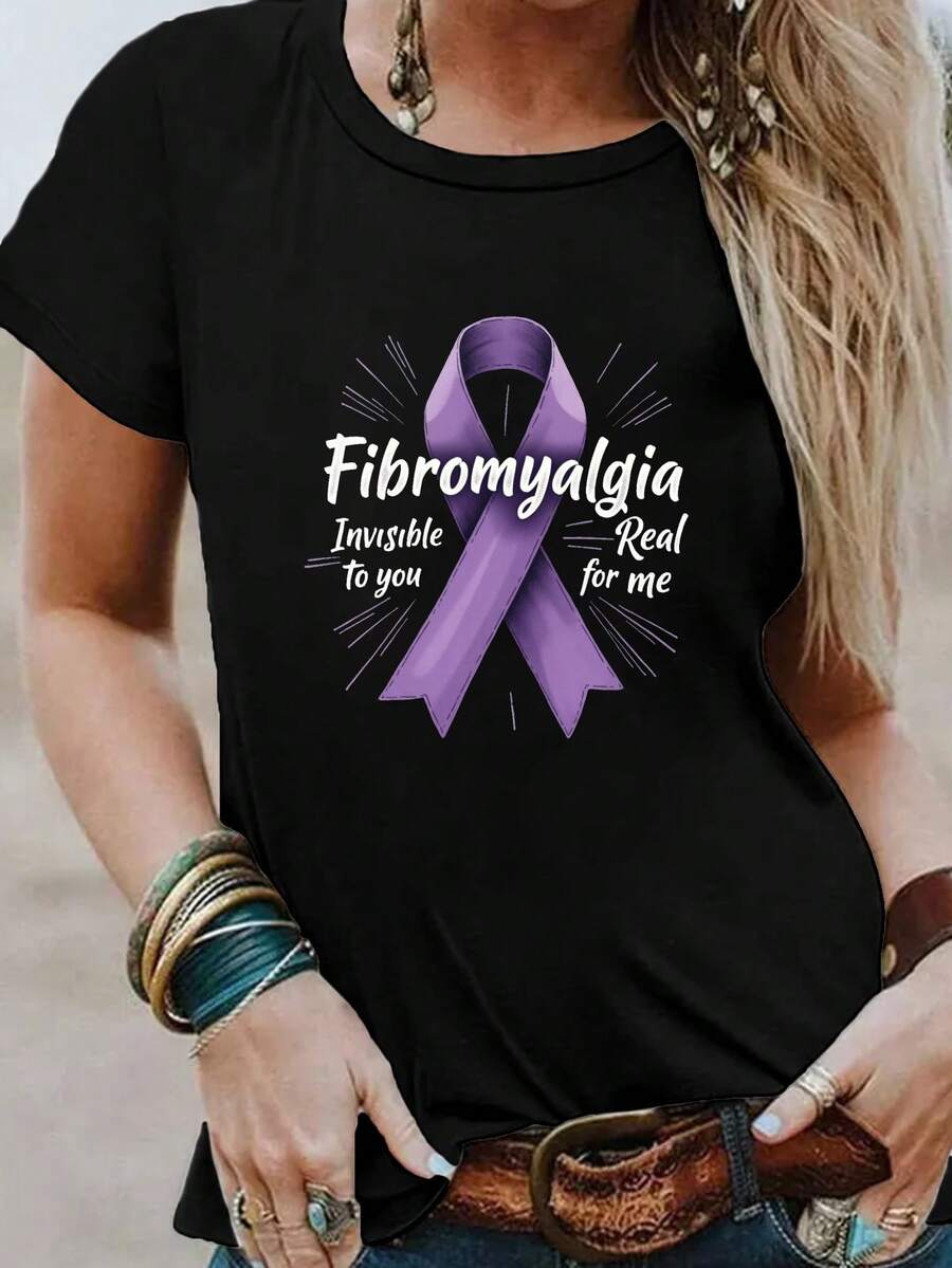Fibromialgia conciencia cinta impresión camiseta, manga corta cuello tripulación top casual para verano y primavera, ropa de mujer