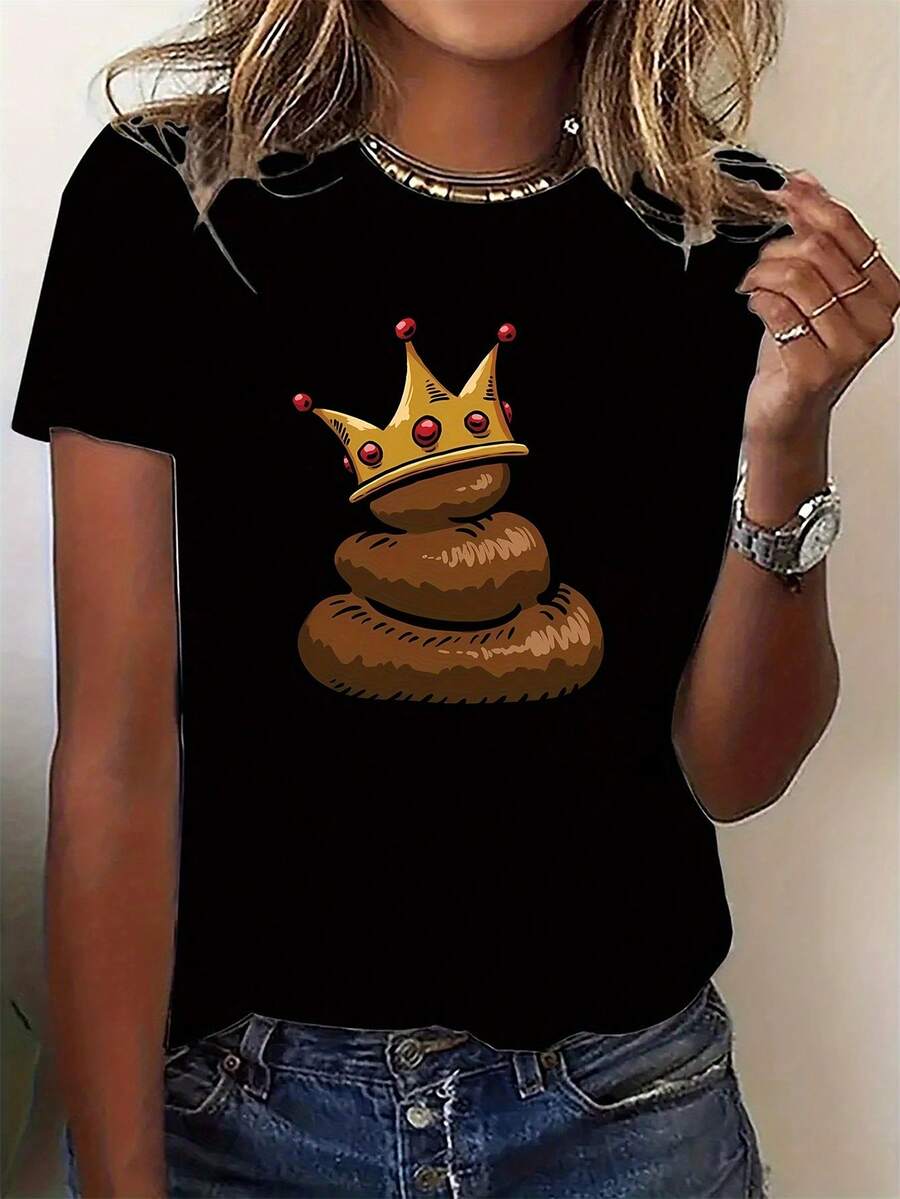 Camiseta gráfica divertida de Poop de las mujeres - linda impresión de Poo cuello redondo manga corta, camiseta de humor de la vejiga casual y deportiva para - desgaste, tela elástica cómoda lavable en máquina