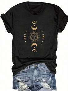 GiftGiftGraphic Tees Camiseta de Mujer con Estampado de Sol, Luna y Estrellas - Azul Marino y Dorado, Estilo Casual, Cuello Redondo, Manga Corta, Transpirable, Lavable a Máquina para Todas las Temporadas, Cómoda y Versátil, Temática Astronómica, Tela Suave, Corte Holgado, Estampado Duradero, Estilo, 100% Algodón, Ropa de Verano para Mujer, Envío Gratuito. - Negro - Ver 1