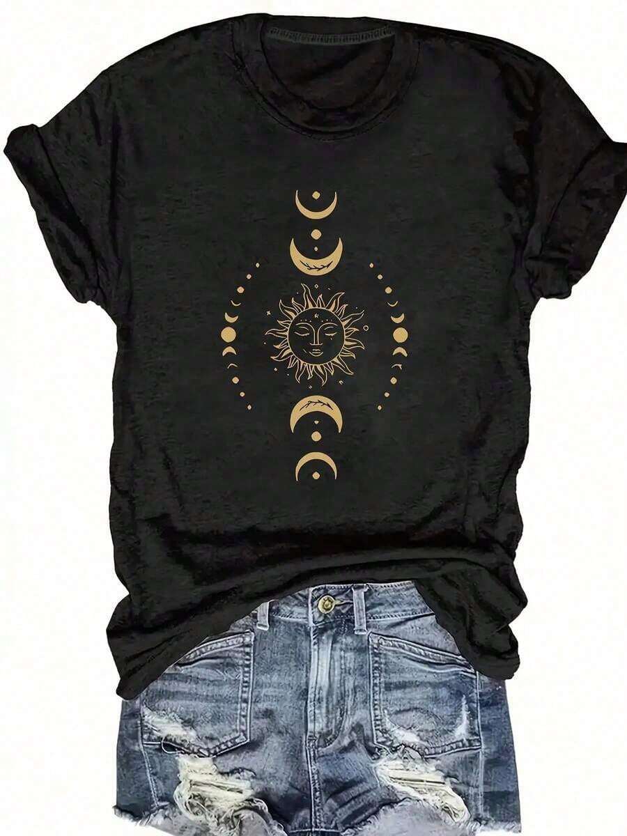 GiftGiftGraphic Tees Camiseta de Mujer con Estampado de Sol, Luna y Estrellas - Azul Marino y Dorado, Estilo Casual, Cuello Redondo, Manga Corta, Transpirable, Lavable a Máquina para Todas las Temporadas, Cómoda y Versátil, Temática Astronómica, Tela Suave, Corte Holgado, Estampado Duradero, Estilo, 100% Algodón, Ropa de Verano para Mujer, Envío Gratuito. - Negro - Ver 1