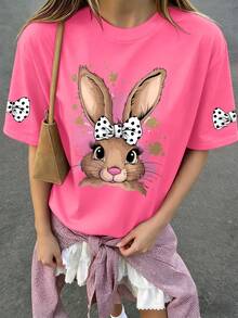 1pc Girls' Cartoon Rabbit Bow Print Round Neck Short Sleeve T-Shirt, Cute Cartoon Theme Loose Summer Style, Soft And Comfortable Top - Hot Pink - View 3