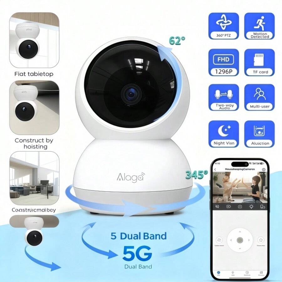 1296P HD Wireless Security Camera, Indoor Pet Monitoring, 360° Panoramic Rotation Home Security Camera, Dual-Band 2.4G And 5G WiFi, Remote App Access, Two-Way Audio, Infrared Night Vision, AI Motion Detection - Suitable For Home, Baby, Elderly And Pets - Perfect Christmas, Thanksgiving Or Halloween Gift; Suitable For Elderly Care Monitoring, High-Quality Manufacturing, Smart Home Applicable. - White - View 1