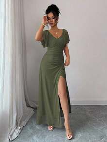 Vestido morado claro con cuello en V, mangas con volantes, cintura plisada y abertura, vestido elegante de dama de honor, vestido de fiesta, primavera/verano - Verde militar - Ver 6