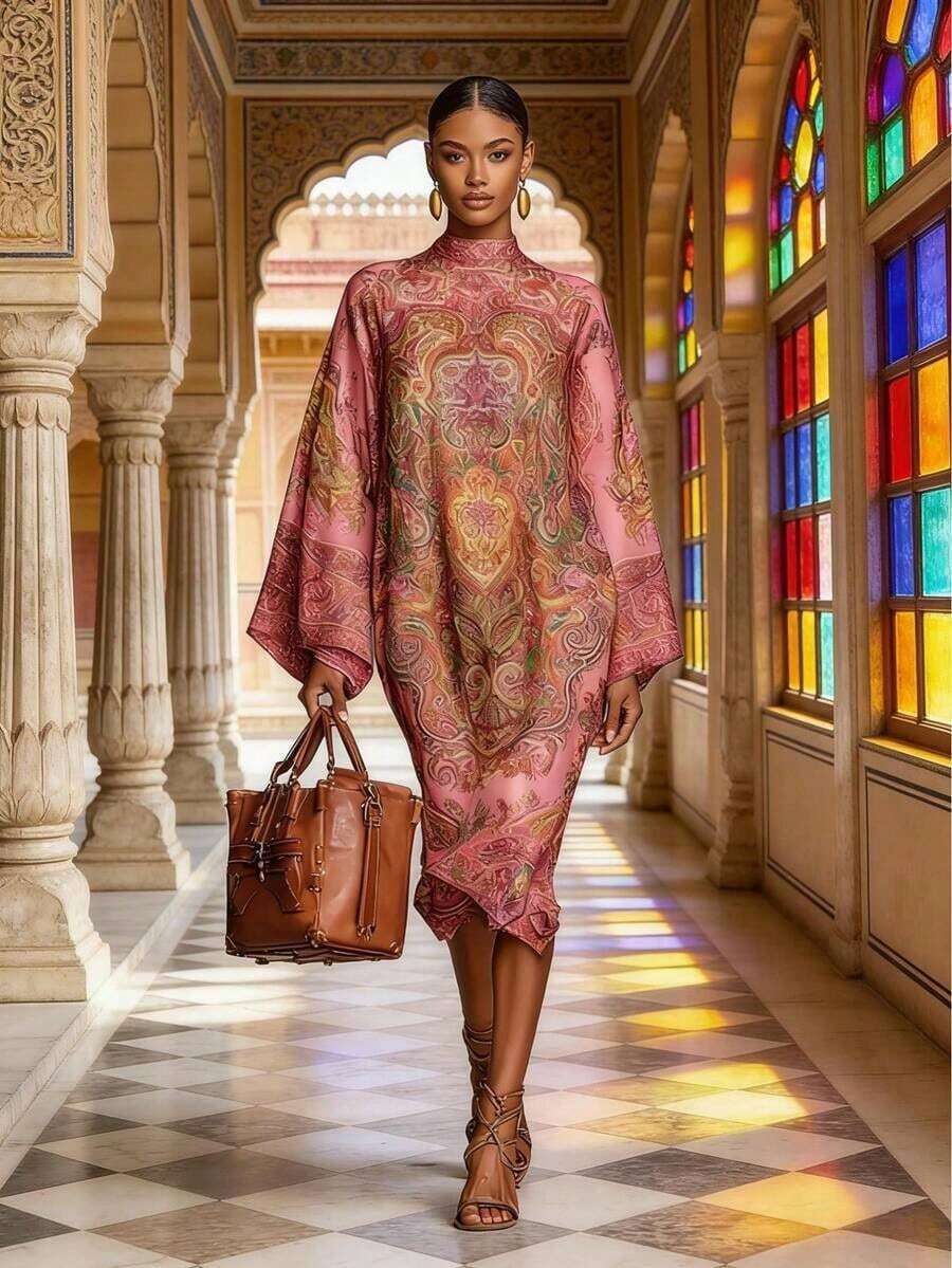 Vestido midi de mujer con estampado floral, cuello Mao y mangas anchas, cómodo y elegante para primavera/otoño - Multicolor - Ver 1