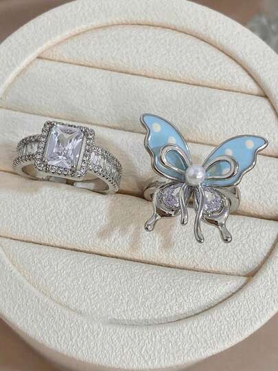 1Pc/Set Y2K Blue Polka Dot Butterfly Ring & Square Zirconia Open Ring Set,Jewelry Ring,For Women,Beach Vacation,Holidays,Summer Boho,Gifts For Mom,For Daily Wear,Party Dating,Wedding Season,Bridesmaids Birthday Anniversary Valentine Gift,Music Festival Easter Day