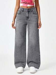 Pantalones vaqueros anchos sueltos y versátiles de mujer con diseño de bolsillos - Gris 2 - Ver 1