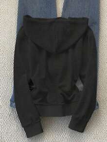 Sudadera con capucha y cremallera para mujer, color negro sólido, manga larga, bolsillo canguro, puños y dobladillo elásticos, estilo casual y deportivo, ideal para todo el año, uso diario, actividades al aire libre, gimnasio, escuela, combinaciones con jeans, leggings y pantalones deportivos - Gris Oscuro - Ver 2