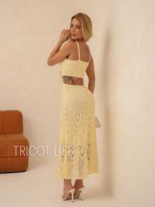 Women's Midi Dress, Knit With Lace, Party, Beach, Sophisticated, New Year's Eve, Christmas, Vacation, Beach, Wedding, Bridesmaid - 奶油黃 - 查看 3