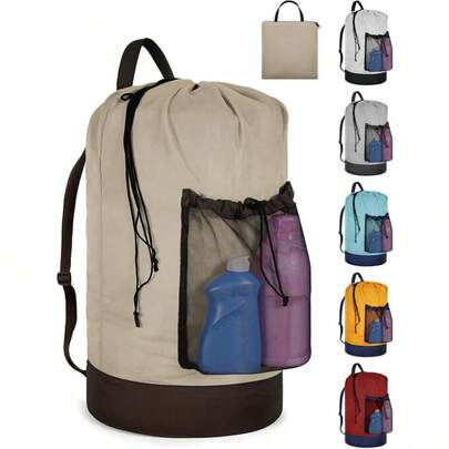 Laundry Bag With Shoulder Straps And Mesh Pocket Laundry Backpack Large Portable Laundry Hamper For College Travel, Laundromat,