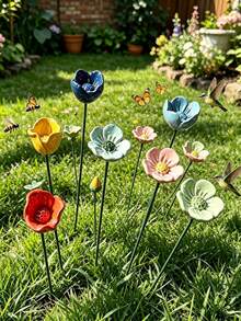 1/3件套彩色蜜蜂饮水器套装，昆虫饮水杯带储水器，户外悬挂式饮水站，养蜂喂食盘，花园装饰，可重复使用的蜜蜂、蝴蝶和蜂鸟饮水器，带地插的彩色蜜蜂饮水站，园艺蜜蜂喂食器，花园雕塑，门廊鹅，适用于户外、花园、阳台、花盆，创意花园装饰，实用园艺工具 - 花朵 - 查看 4