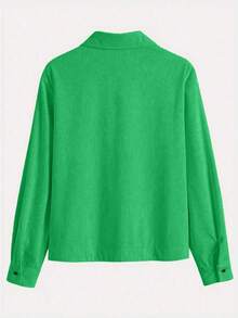 Camisa de mujer de pana con botones, de ajuste relajado, chaqueta de cárdigan de manga larga de moda informal, blusas holgadas con bolsillo para otoño 2025 y primavera - Verde - Ver 4