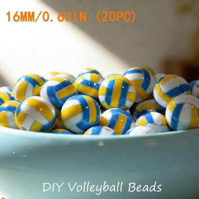 30/10pcs 16mm Volleyball Pattern Acrylic Beads, Suitable For DIY Bracelet, Necklace, Keychain Making, Sports Theme Craft Supplies, Sports Enthusiast Bracelet & Keychain DIY Accessories