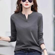 Camiseta de manga larga de algodón puro rojo vino para mujer en primavera y otoño, nueva moda de talla grande con cuello en V, top informal ajustado - Gris Oscuro - Ver 4