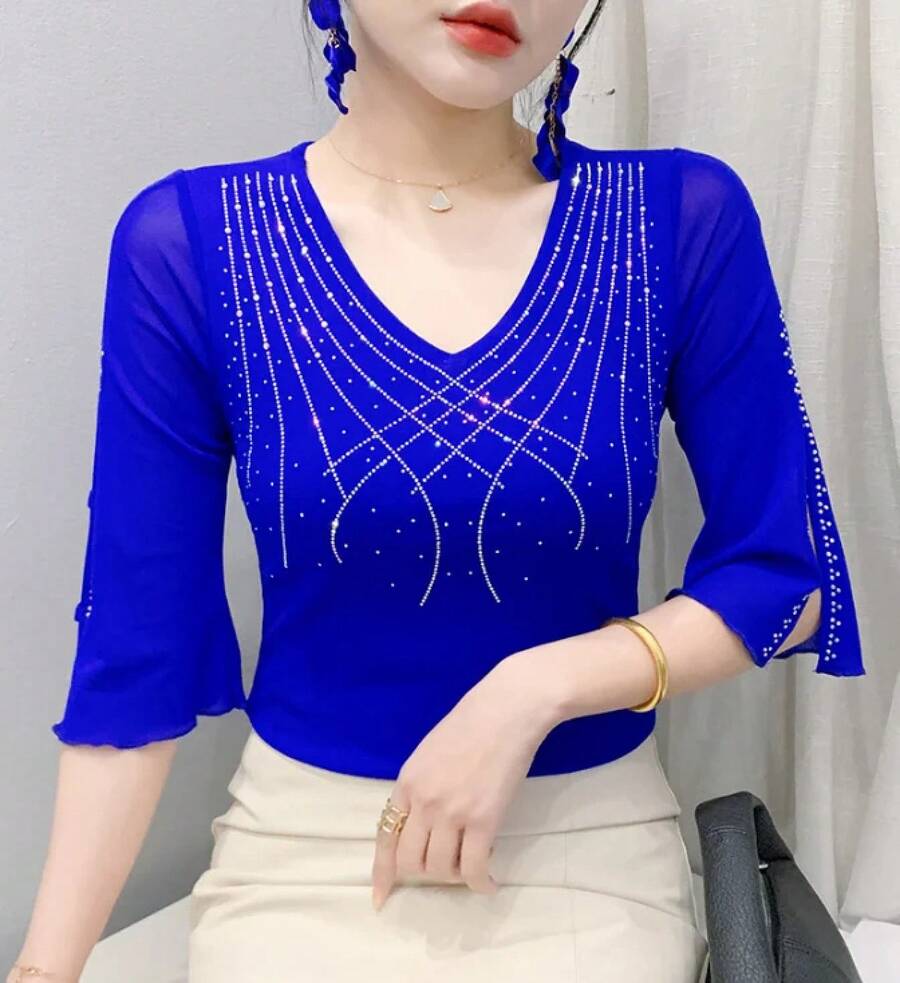 Camiseta de Verano 2026 para Mujer, Nueva Moda Coreana, con Malla de Diamantes, Cuello en V, Manga Corta, con Parches de Encaje - 4 Azul - Ver 1