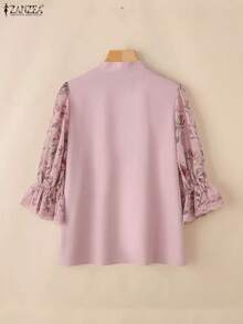 ZANZEA-Blusas elegantes para mujer, Tops de retales de gasa con estampado Floral, Tops a la moda con cuello en V, manga abombada 3/4, adornos de encaje, ropa para mujer S-3XL - Caqui - Ver 3