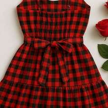 Women's Multi-Use Checkered Dress, Off-The-Shoulder, Long-Sleeved, Fitted, With Gathered Detail And Center Tie, Short And Fitted. Perfect For June Festivals, Saint John's Day, Autumn, And Winter. - 紅色 - 查看 3