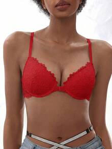 1pc Women's Sexy Lace Front Closure Underwire Push-Up Bra, Transparent Thin Cup Bra, With Shoulder Straps Lingerie Bra, Anti-Sagging Comfortable - Red - View 6