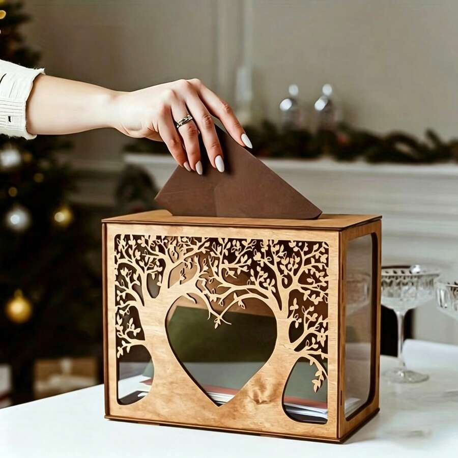 Our Warm Wedding Card Box With Acrylic Window, Wooden Gift Card Box For Wedding Decor & Reception, Vintage Brown Wooden Coin Collection Box For Wedding Decor, Baby Shower, Birthday, Graduation Party - one-size - View 1