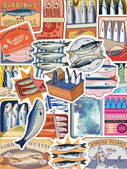 50pcs Sardine Sticker For Skateboard Guitar Laptop Scrapbook Decor DIY Transparent Stickers