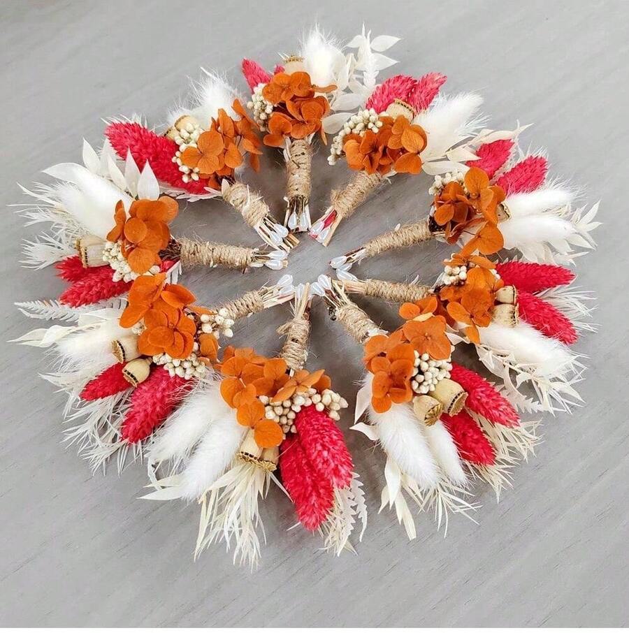 9pcs Boho Dried Flower Boutonniere - Orange Red Hydrangea & Pampas Grass Lapel Pin For Rustic Wedding, Fall Bridal Party, Prom & Formal Events - 9Pcs - View 1