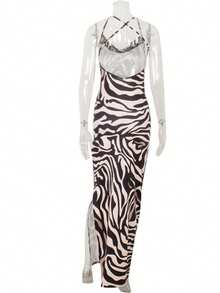 Long Strappy Printed Dress With Open Back And A Sensual Slit - 金色 - 查看 7