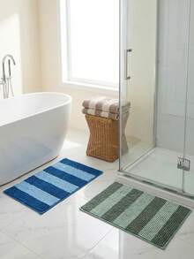 1pc 40x60cm Super Soft Absorbent Non-Slip Rectangular Polyester Chenille Striped Bathmat, Hot Melt Adhesive Bottom, Thick Plush Bedroom Bedside Rug, Multiple Colors Available, Machine Washable & Quick Dry - Multicolor - View 1