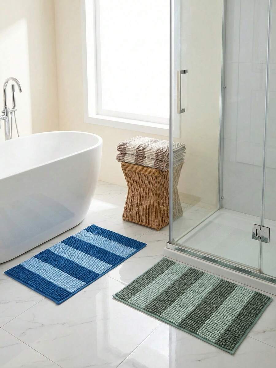 1pc 40x60cm Super Soft Absorbent Non-Slip Rectangular Polyester Chenille Striped Bathmat, Hot Melt Adhesive Bottom, Thick Plush Bedroom Bedside Rug, Multiple Colors Available, Machine Washable & Quick Dry - Multicolor - View 1
