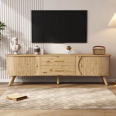 Pea-Shaped TV Stand With Vertical Groove Design, 2 Sliding Doors + 2 Drawers, Solid Wood Legs, Wood Look, MDF Material, Modern Scandinavian Style