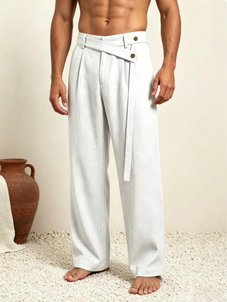 Men's Linen Pants, American Style Spring/Summer Linen Drawstring Waist Trousers - White - View 1