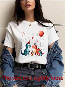 Cute Dinosaur Family Birthday T-Shirt - White With Dinosaur, Dinosaur And Balloons/Stars Print - Casual Theme Outfit, Gift (Hand Washable) - 白色 - 查看 1