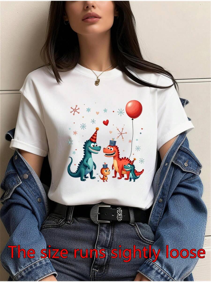 Cute Dinosaur Family Birthday T-Shirt - White With Dinosaur, Dinosaur And Balloons/Stars Print - Casual Theme Outfit, Gift (Hand Washable) - 白色 - 查看 1