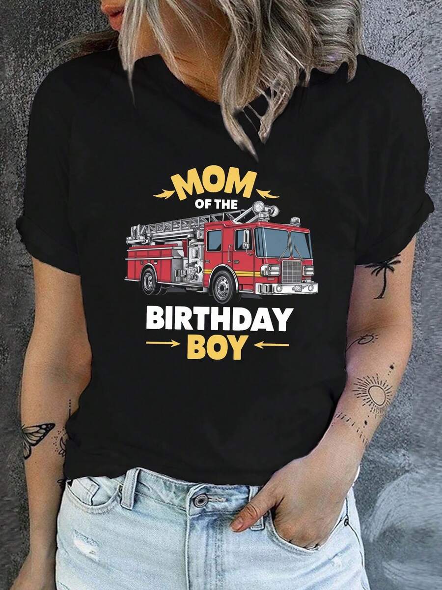 Women's Birthday Mom Exclusive Fire Truck Graphic Tee - Soft Crew Neck Casual Birthday Party Outfit, Funny Mom Shirt Gift from Daughter Son-in-Law - Birthday Celebration Women's Apparel, Mom Birthday Gifts, Spring Summer Top, Playful Print Top, Medium Elasticity Fabric, Comfortable Fit Shirt