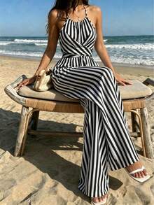 Women's Printed Fabric Waist Jumpsuit, Elegant For Holiday And Everyday Wear With Backless Neckline Summer - Multicolor - View 6